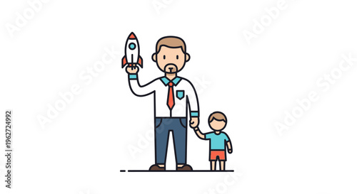 Man Holding Rocket Toy with Child.