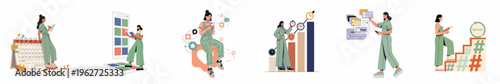 Set of illustrations depicting a social media manager planning content, engaging with followers, analyzing data, and tracking trends on various digital platforms.