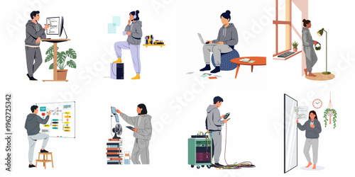 Set of flat vector illustrations depicting various tech professionals, software developers, and engineers working in modern home or office environments.