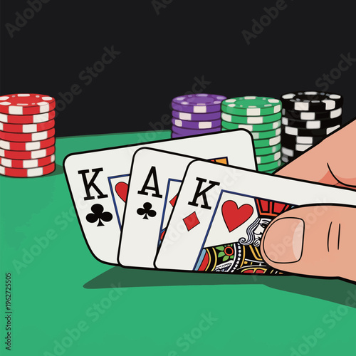 Hand of three kings in a card game with poker chips in background during evening hours