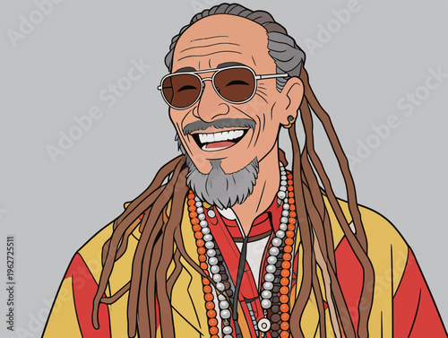 Man with long hair wearing glasses and beads smiles brightly in a simple setting with a neutral background