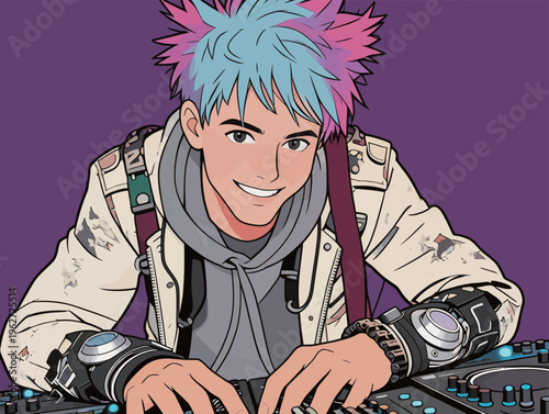 Young DJ with blue and pink hair works on music at a colorful backdrop during a fun night event