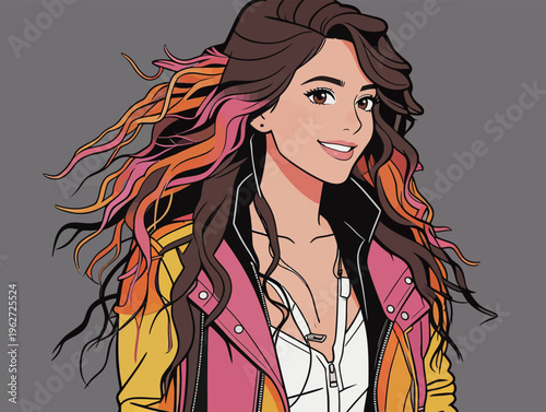 Girl with colorful hair wearing a stylish jacket stands confidently against a gray background doing a fun pose