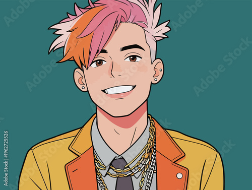 Young person with colorful hair and chains smiles against a solid background in a modern style
