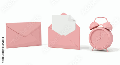 Pastel Pink Envelopes with Open Letter and Alarm Clock Still Life.