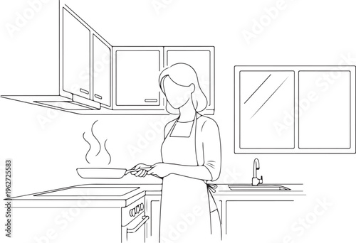 Woman cooking, kitchen illustration, line art, apron, cooking pan