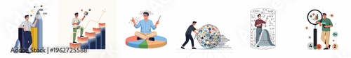Set of six flat vector illustrations depicting a male analyst exploring data science, business growth, statistical modeling, and global connectivity.