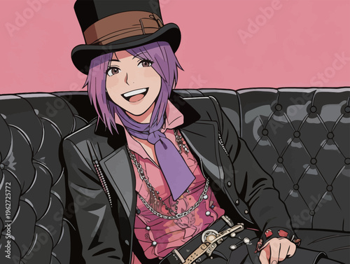 Actor with purple hair dressed in black sitting on couch in studio with pink background during a photoshoot