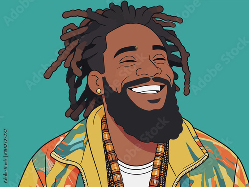 Portrait of a man with dreadlocks smiling in a colorful jacket with a green background during a casual moment