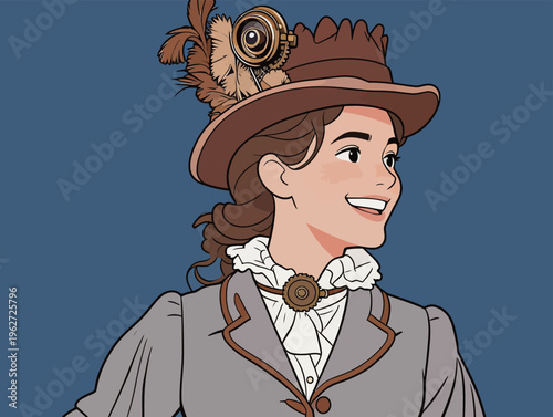 Woman wearing a vintage hat with feathers smiles while posing against a blue background in a studio setting during daytime