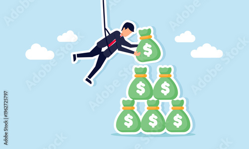 Businessman lifting with rope stacking money bags illustration of effort in corporate financial management