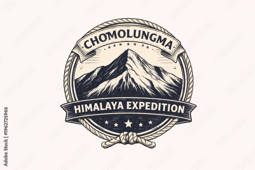 Fototapeta premium Vintage Himalaya Expedition Badge with Chomolungma Mountain Peak and Star Emblem