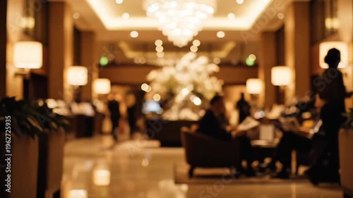 A blurry video shows people standing and sitting in a luxurious hotel lobby with a chandelier