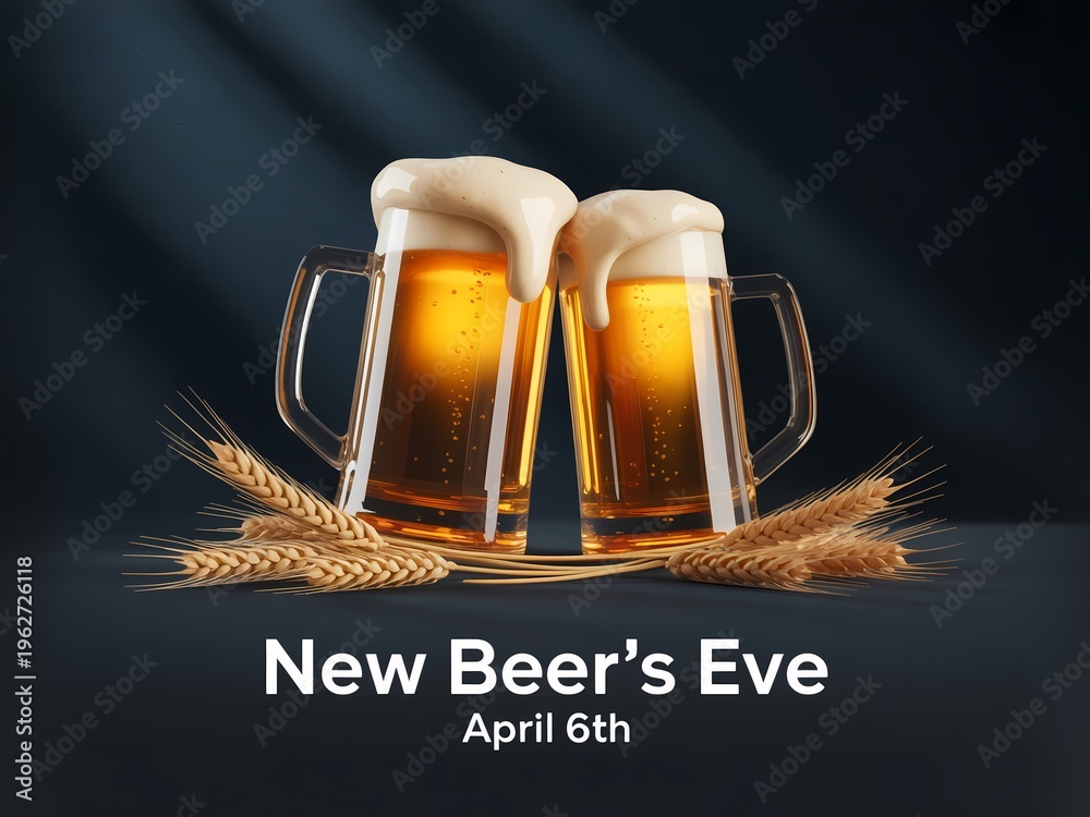 Obraz premium Two beer glasses with wheat on dark background for new beers eve celebration on april 6th with frothy drinks