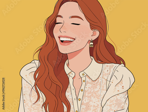 Woman with red hair smiles widely against a yellow background