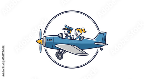 Cartoon Couple Flying Blue Airplane Together.