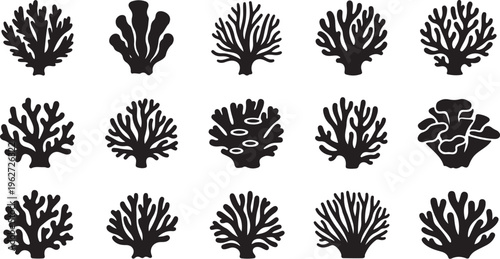 Collection of black coral reef silhouettes on white background
