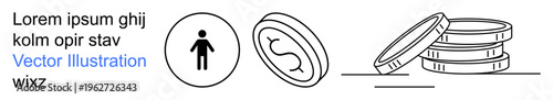 Finance, budgeting, economics, wealth, currency, monetary trade. Minimalist design with human icon, currency coin and coin stack. Finance and budgeting visualization