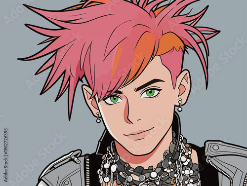 Young person with spiky pink and orange hair wears jewelry and a leather jacket in a digital art style