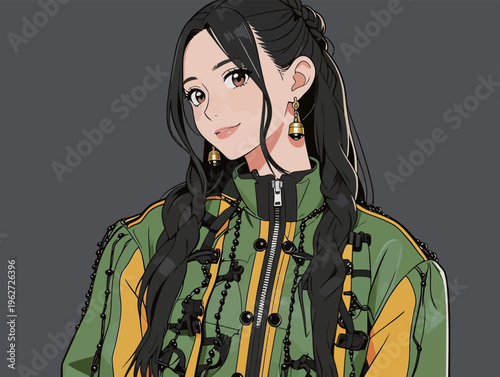 Young woman with long black hair smiling while wearing a green and yellow jacket with braids and earrings in a simple background