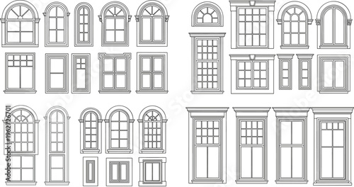 Classic Window Frame Icon Set with Vintage Architectural Windows, Arched Frames, Building Facade Elements, and Line Art Vector Illustration Collection