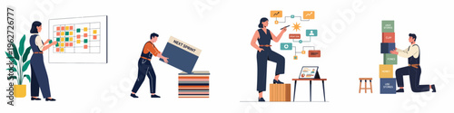 Flat Vector Illustration Set of Business People Managing Agile Projects, Sprint Planning, Task Boards, and Backlog Organization for Efficient Teamwork