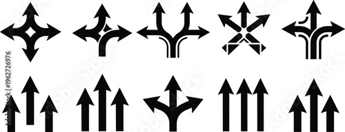 Black Direction Arrow Icon Set Collection with Navigation Symbols for Maps, User Interface Design, Road Signs, Wayfinding, and Digital Direction Indicators