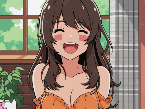 Young woman smiles brightly in a room with green plants and sunlight coming through the window