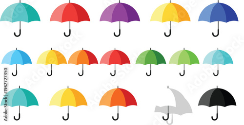 Colorful Umbrella Icon Set Collection with Flat Design Style for Weather Apps, Rain Protection Symbols, Autumn Season Graphics, and Vector Illustration Pack