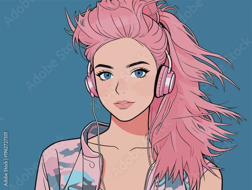 Young woman with pink hair and headphones enjoys music in a colorful and vibrant setting while smiling at the viewer