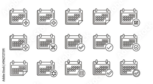 Set of Monochrome Calendar Icons for Planning and Scheduling in UI Design.