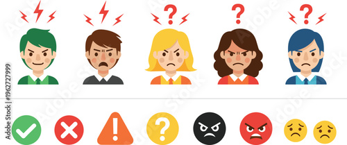 Customer Complaint and Negative Feedback Icons Set with Angry Users, Warning Symbols, and Problem Reaction Emojis Vector Collection