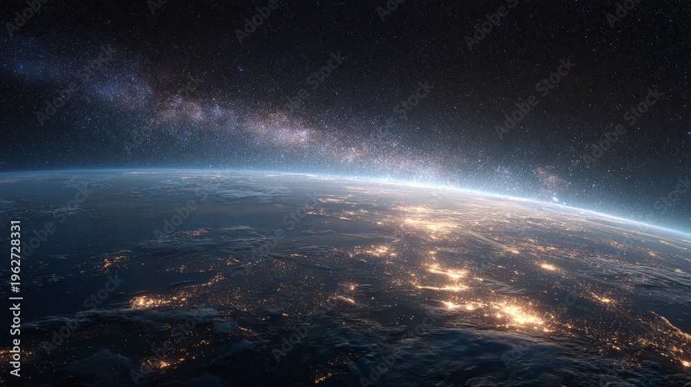 Fototapeta premium Earth from Space with Milky Way Galaxy Above Glowing City Lights.