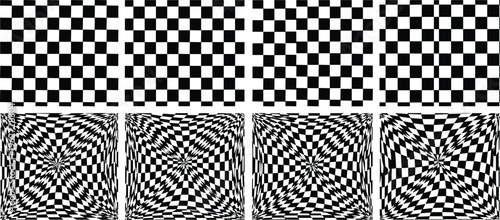Checkerboard Pattern Set with Optical Illusion Squares, Black and White Checkered Backgrounds, and Distortion Grid Vector Collection