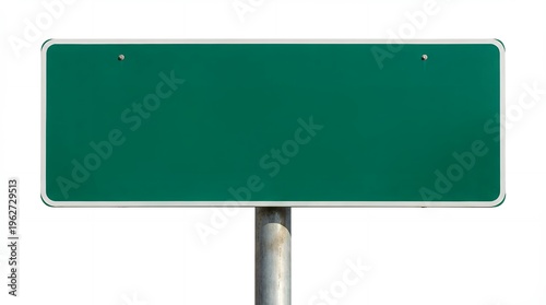 A blank green road sign with a white border attached to a metal pole against a white backdrop ready for text signpost empty traffic directional information highway street