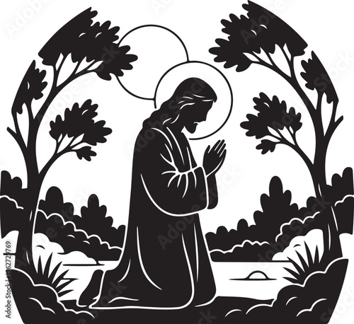 Jesus Praying in Garden Silhouette Christian Religious Vector Illustration