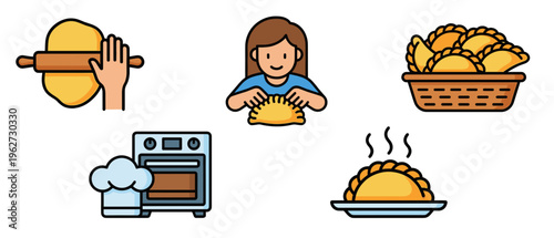 Woman making traditional empanadas and baking process flat line icon set vector illustration. Handmade pastry dough preparation, oven baking, and hot delicious food basket.