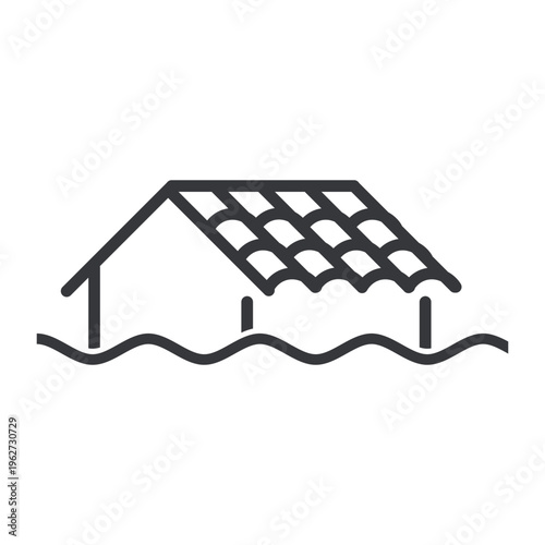 Isolated black outline pictogram of house flooded with water representing flood disaster, residential risk, water damage, and environmental hazard warning