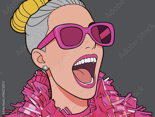 Woman laughing loudly while wearing pink sunglasses and accessories during a festive celebration