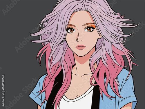 Brightly colored anime character with pink and purple hair staring at the viewer in a detailed background with simple design elements