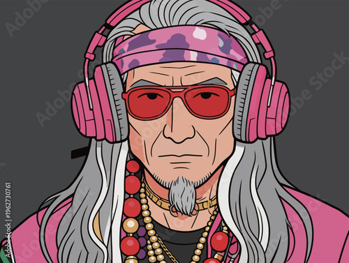 Elder man with long gray hair wearing pink headphones and sunglasses enjoys music in a digital art style