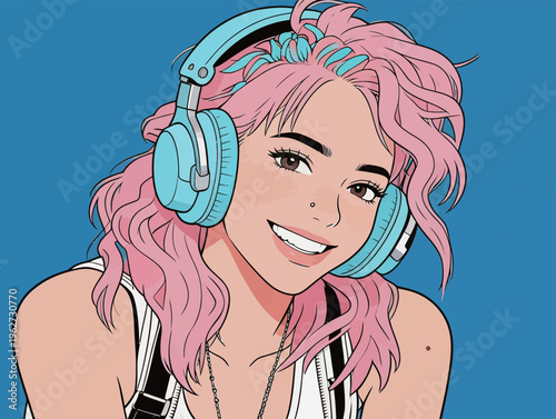 Young woman listens to music with headphones and smiles while surrounded by a blue background in a creative style
