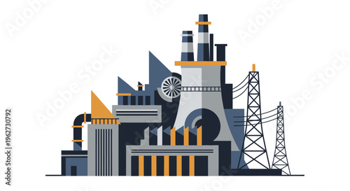 Modern industrial factory complex with power lines and smokestacks, flat design