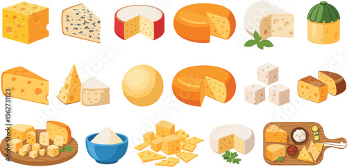 Variety of cheese vector collection with different types, shapes, and textures, including cheddar, blue, brie, mozzarella, gouda, and fresh cheeses for culinary and food designs