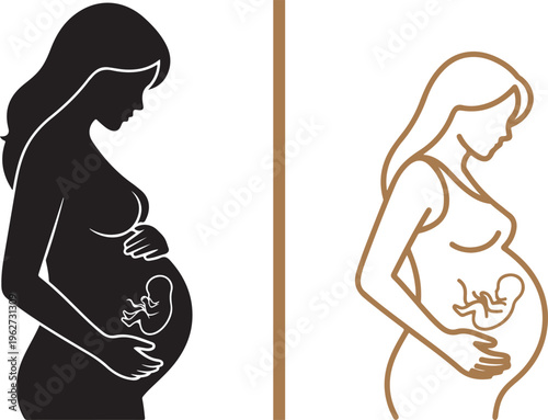 Two vector illustrations of an expectant mother: a solid black silhouette showing the fetus in white, and a matching brown line art version, emphasizing maternal bonding and prenatal growth.
