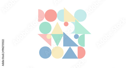 Abstract geometric pattern with pastel circles and triangles on white background
