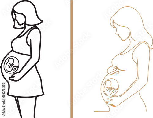 Minimalist vector set illustrating pregnancy with clean line art profiles of expectant mothers and a fine gold outline version highlighting a fetus developing in the womb.