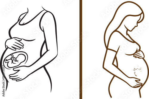 Minimalist vector set illustrating pregnancy with clean line art profiles of expectant mothers and a bold brown outline version showing a fetus developing in the womb.