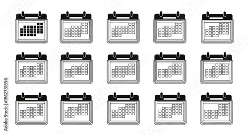 Set of calendar icons arranged in a grid for UI design and graphic projects.