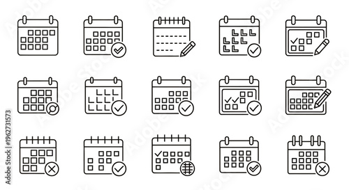 Collection of calendar icons in various layouts and styles for design projects.